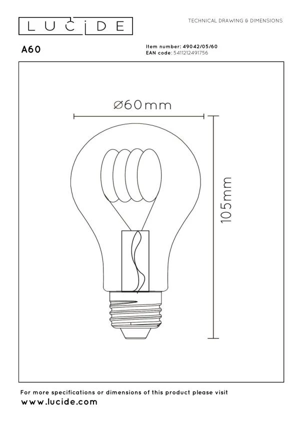 Lucide A60 - Glühfadenlampe - Ø 6 cm - LED Dim. - E27 - 1x4,9W 2700K - Transparent - technisch